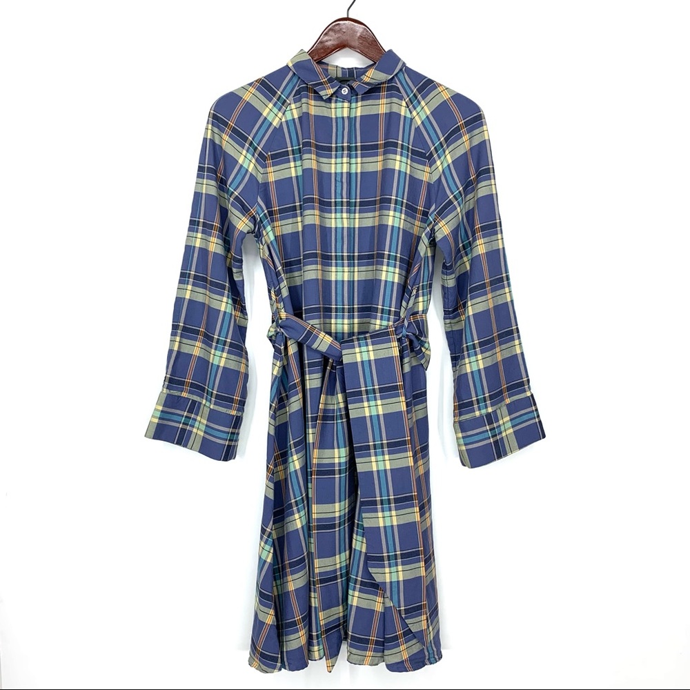 Rare 8 By Yoox Italian Plaid Button Down Long Sleeve Tie Waist Dress Blue Multi